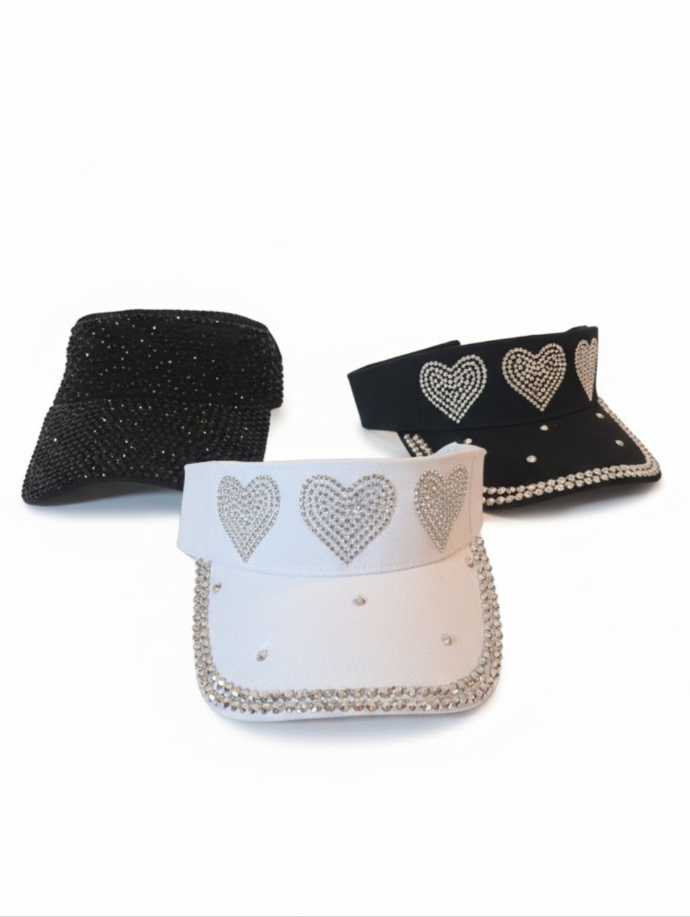 NWT Rhinestone Visor - White HEART, Black Heart, Black Full Studs Trio Bundle.
